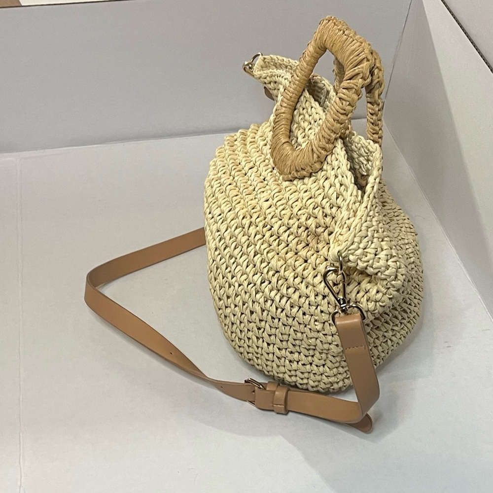 Zara Beige Woven Straw Crossbody Bag with Tan Leather Strap - Picture 6 of 11